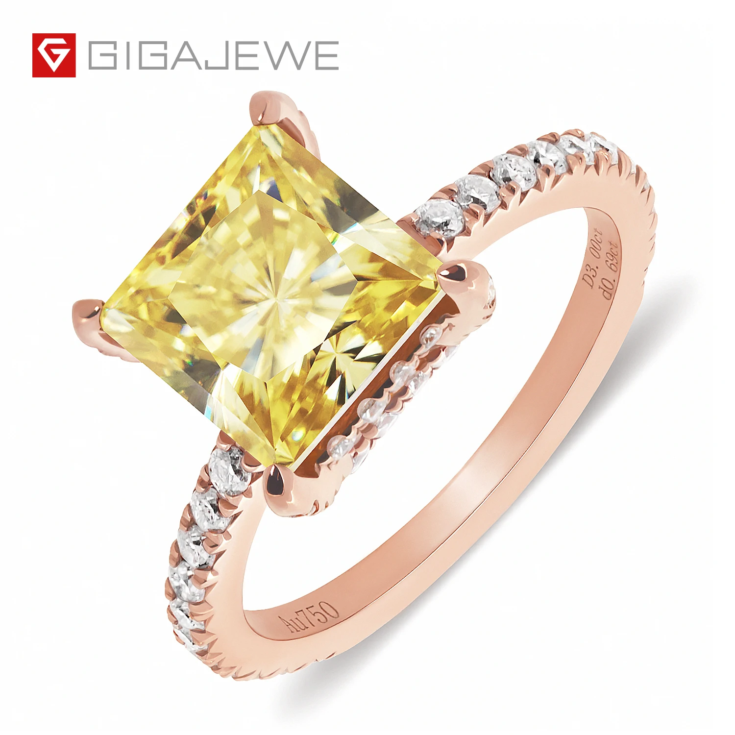 

GIGAJEWE Total Vivid Yellow 3ct Princess Cut and Ring Moissanite 9K/14K/18K Rose Gold , Moissanite Ring, Wedding Engagement Ring, Yellow color