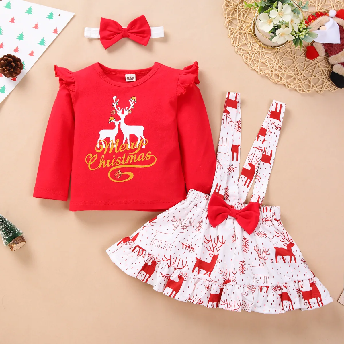 

PinkBeautiM Girls Skirt And Top Set Baby Christmas Elk Flying Sleeve Romper Strap Dress Kids Clothes Girls Sets, Yellow red black green