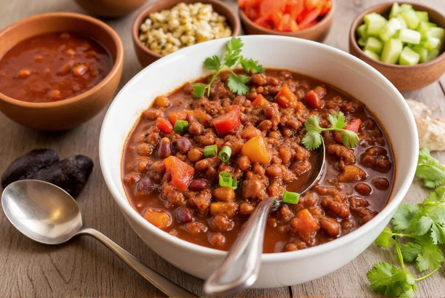 Bowl of chili with multiple topping options arranged around it for self-service
