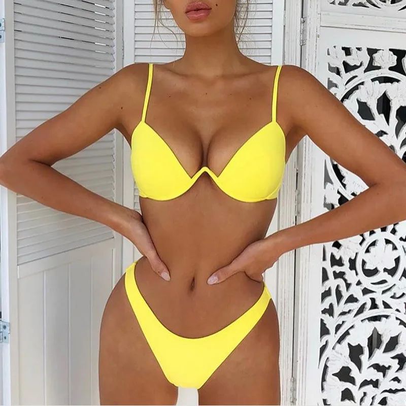 

Drop Shipping Sexy Push Up Unpadded Brazilian Women 4 Colors Bandage Bikini Set Swimsuit Triangle Swimwear Bathing