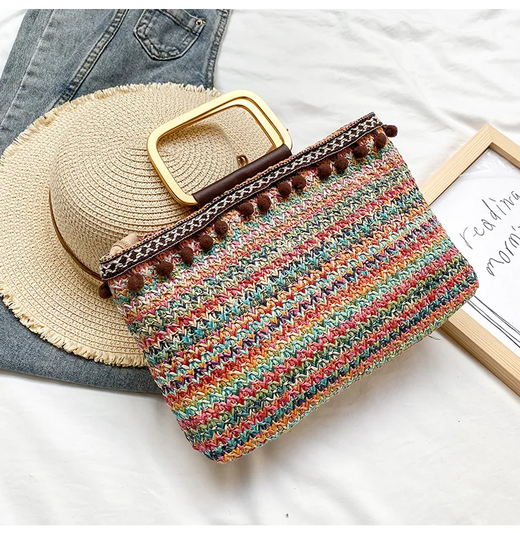 

Summer Travel Hobo Multicolor Straw Weave Women Beach Handbag Bohemia Eco-Friendly Rainbow Stripes Zipper Macrame Purse, Customizable