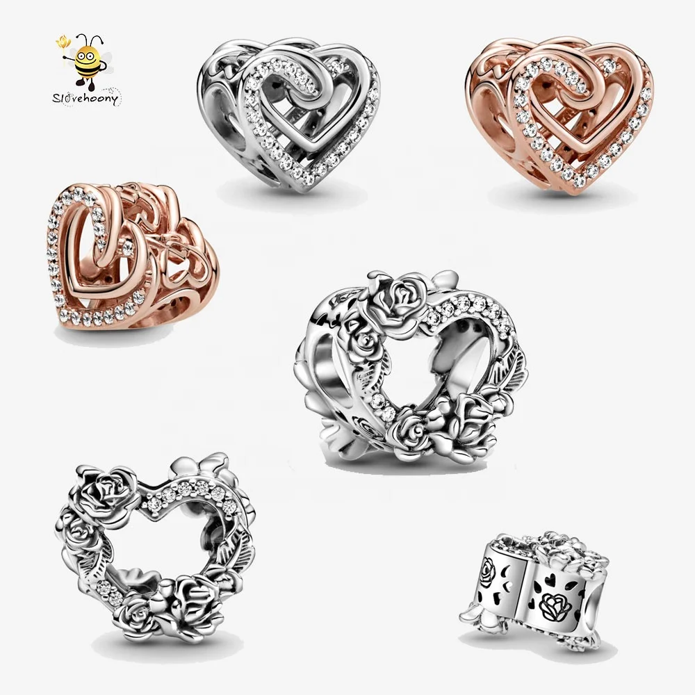 

Open Heart & Rose Flowers Charm Sterling Silver 925 Jewellery Sparkling Entwined Hearts Charm Suit For Bracelets Women Accessory
