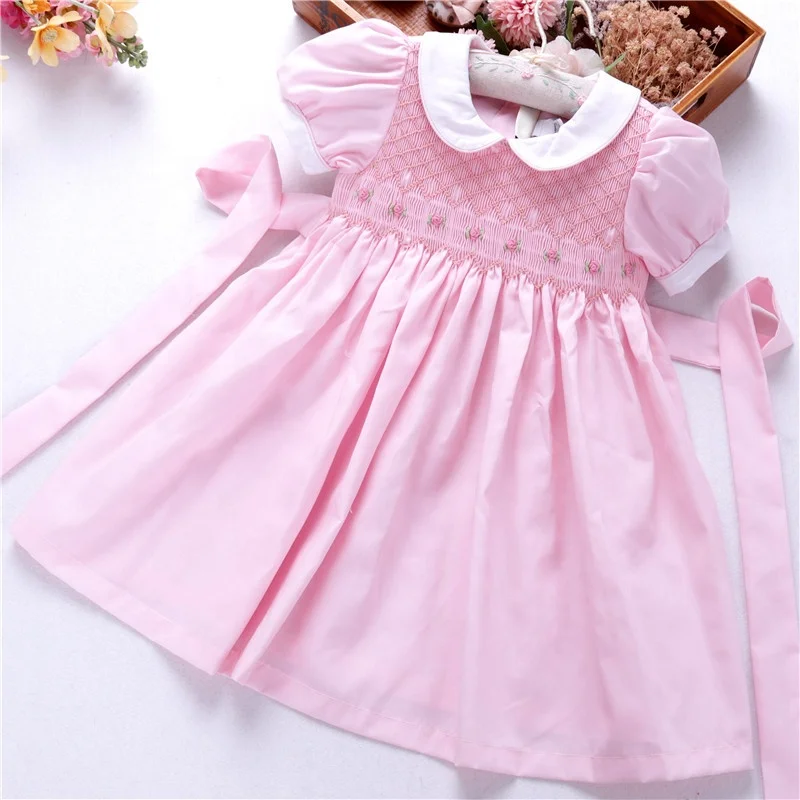 

baby smocked clothing girls dresses hand made white pink plain puff sleeve peter pan collar boutiques kids clothes wholesale 575