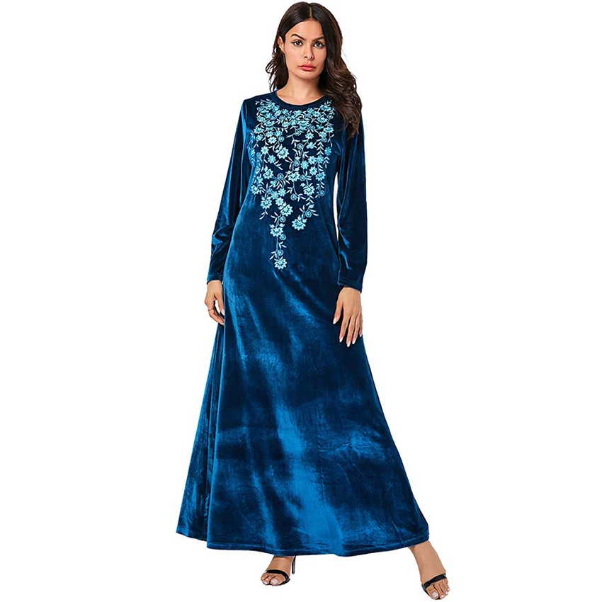 

Plus size women's blue floral embroidered long sleeve casual islamic clothing thick velvet dress wholesale burqa turkey kaftan