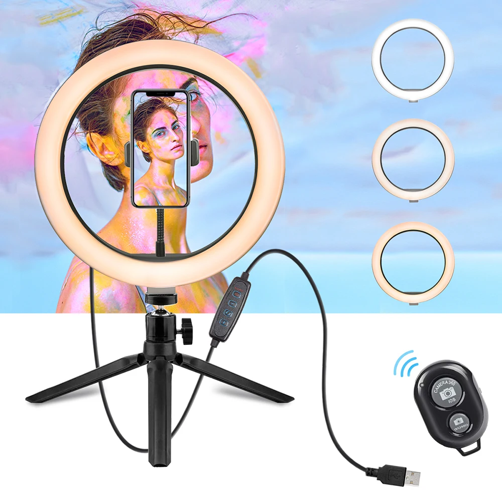 

Wholesale Photographic Selfie Led Ring Light 26CM 10'' inch Plastic Tripod Stand for Live Stream Makeup Youtube Video