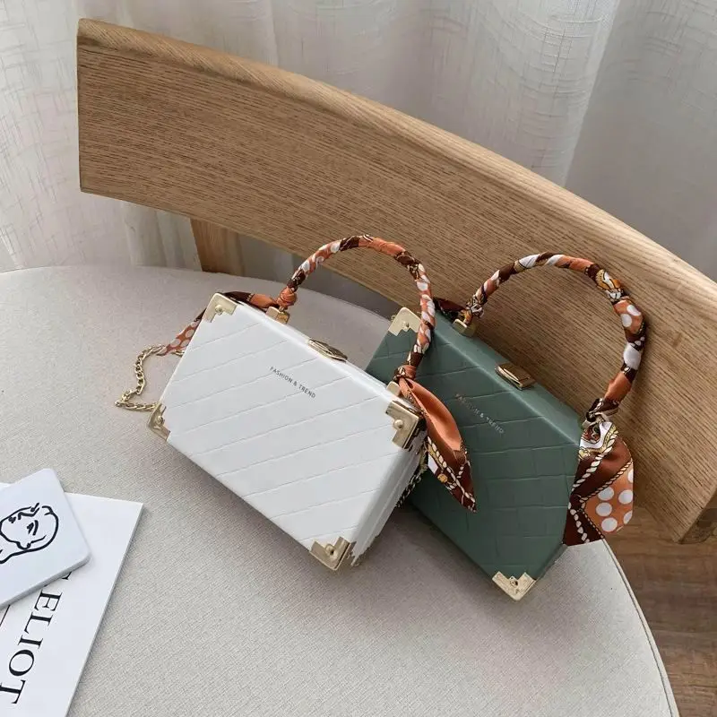 

New Fashion Scarf Pu Leather Box Style Metal Tote Handle Women Party Purse Handbag Shoulder Crossbody Bag