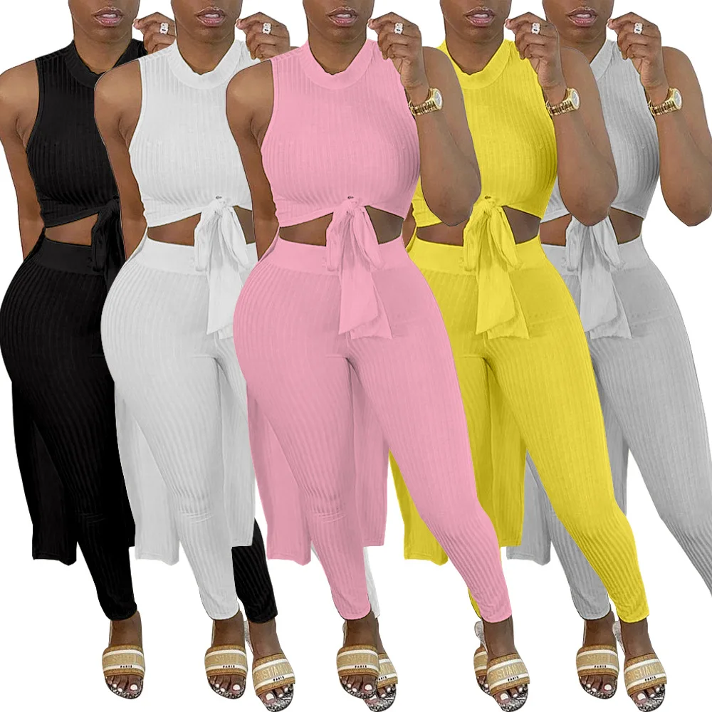 

Summer woman solid color clothing fashion two piece outfit two piece pants sets women for 2021