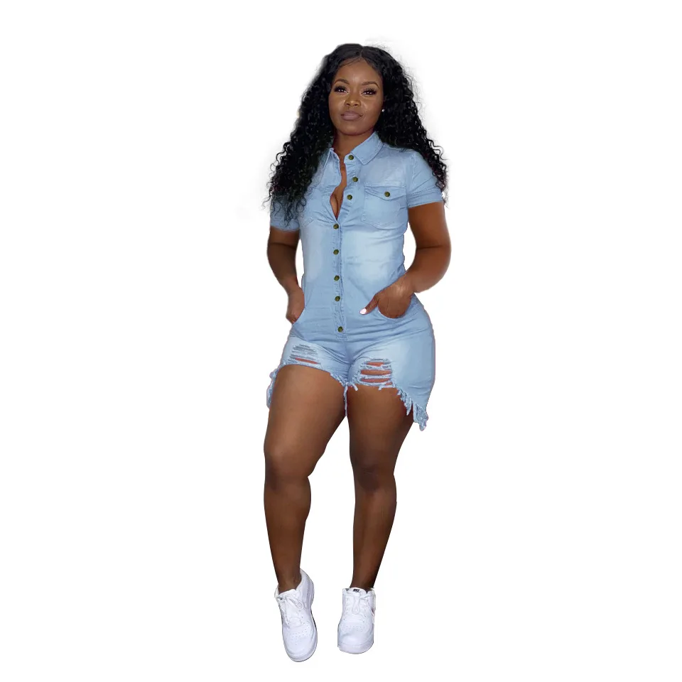 

New summer 2021 plus size jeans sexy hollow out wholesale jumpsuits and rompers women solid short denim jumpsuit