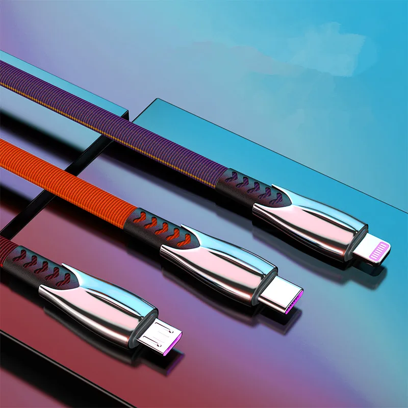 

Micro Type-C 2.4A fast charge USB cable flexible braided mobile phone charging cable 3 in 1for iphone data cables, Black red blue green