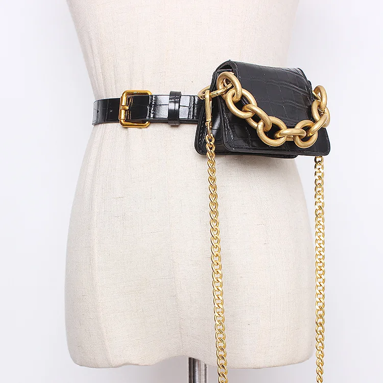 

Punk Gold Chain Motorcycle Leather Fanny Pack Waist Bag For Girls