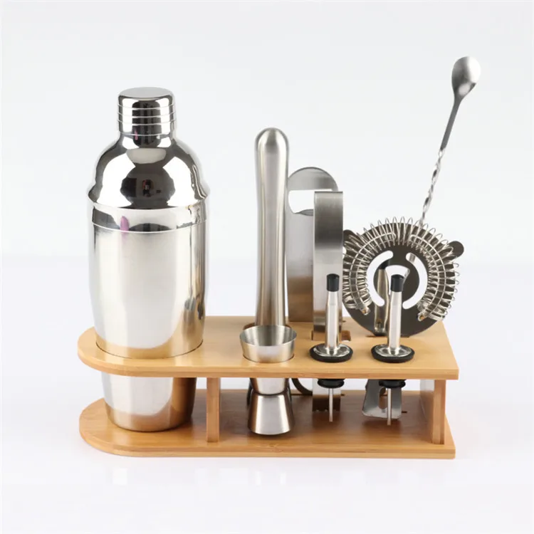 

Cocktail shaker mixer new type custom logo muddler stainless steel bar set tin set holder glass with bamboo stand, Accept customize