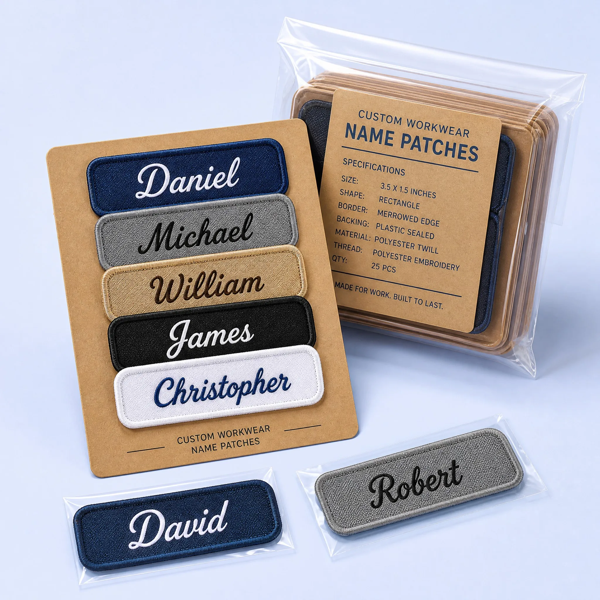 Custom Workwear Name Patches Multi-Pack on Kraft Backing Card with Specs Details: Daniel, Michael, William, James, Christopher, David, Robert