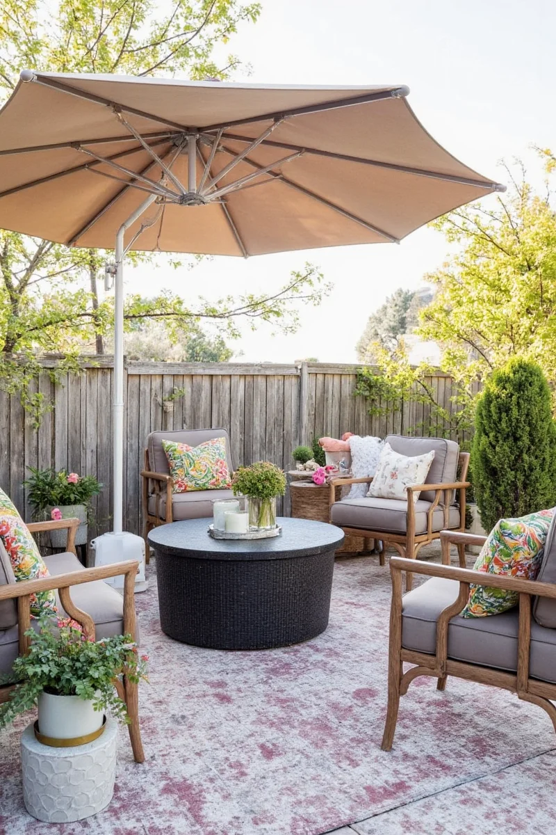 Outdoor patio party scene with guests sitting under a large umbrella, several dogs wearing bandanas playing together on the grass nearby.