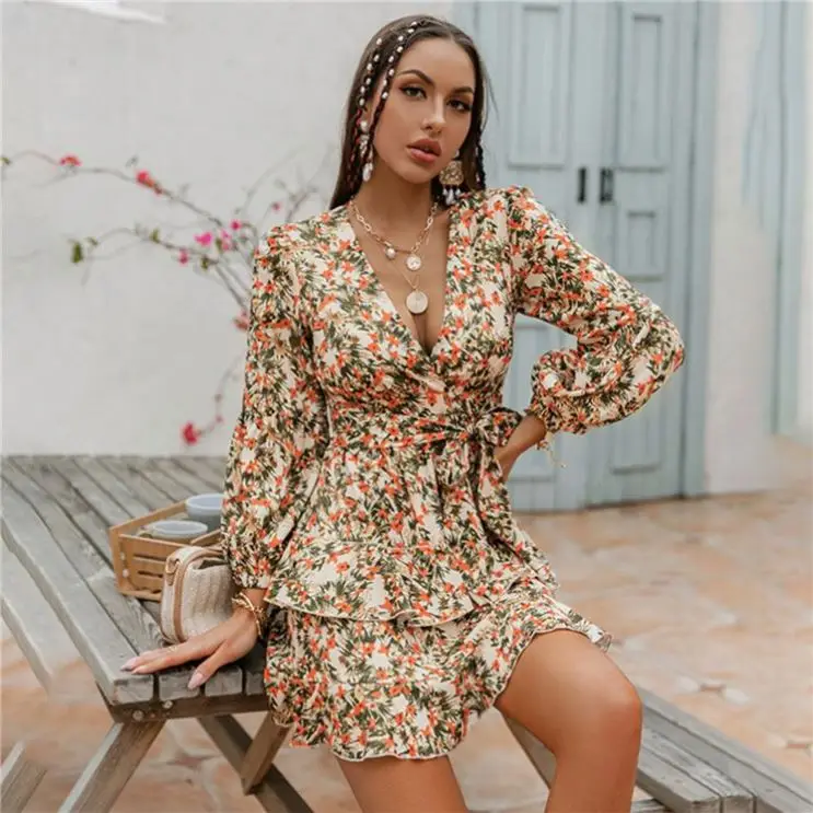 

FORLADIES 2021 Flower Printed Sexy Deep V Neck Woman Casual Dress Women Bodycon Summer Dresses