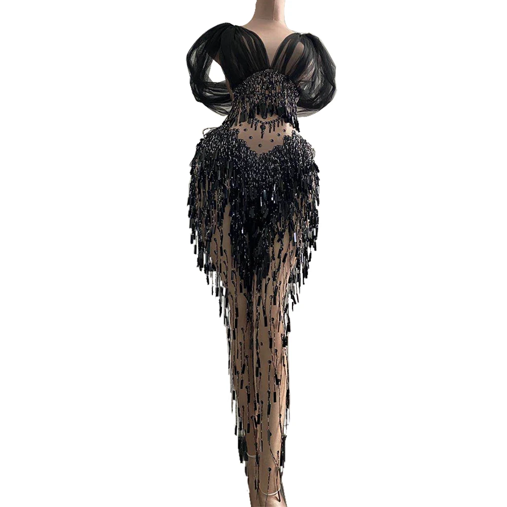 

Women Sexy V-neck Black Mesh Sequins Jumpsuit Nightclub Costumes Stage Outfit Bar Party Stage Singer Backless Bandage Jumpsuit