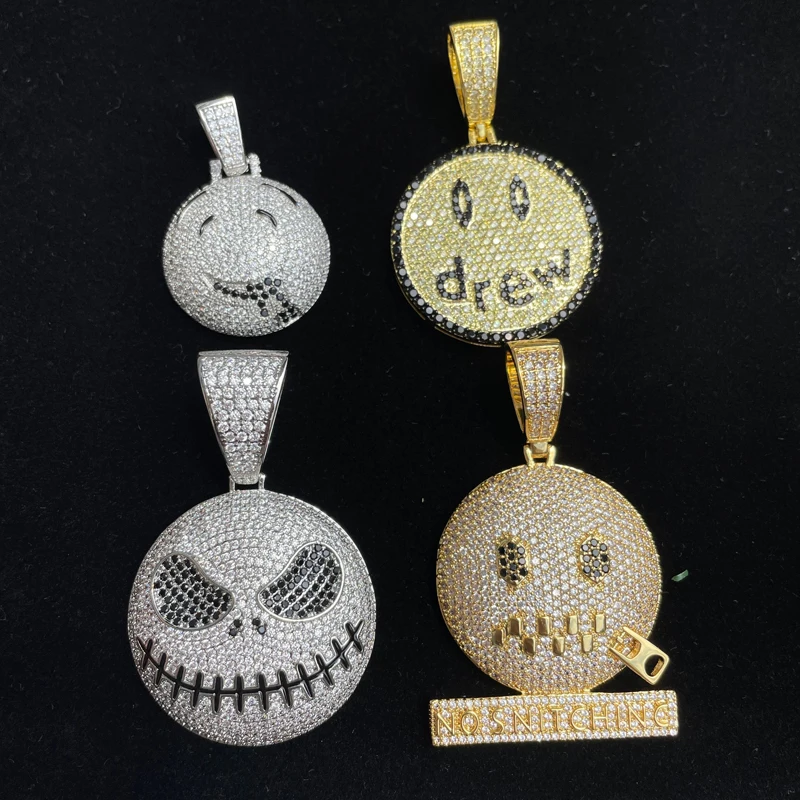 

Round Face Character Zipper Mouth Iced Out Cubic Zircon Pendant&Necklace Gold Silver Color Hip Hop Jewelry For Men