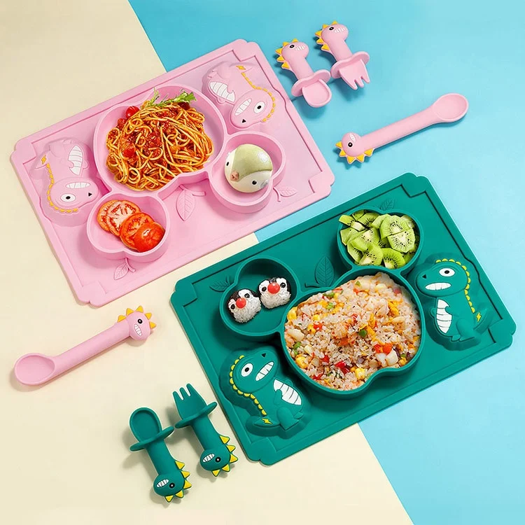 

HOT Silicone Suction Baby Plate Feeding Silicon Plate Baby Mat Food Grade Dinner Divide Feeder Set, Pink, dark green