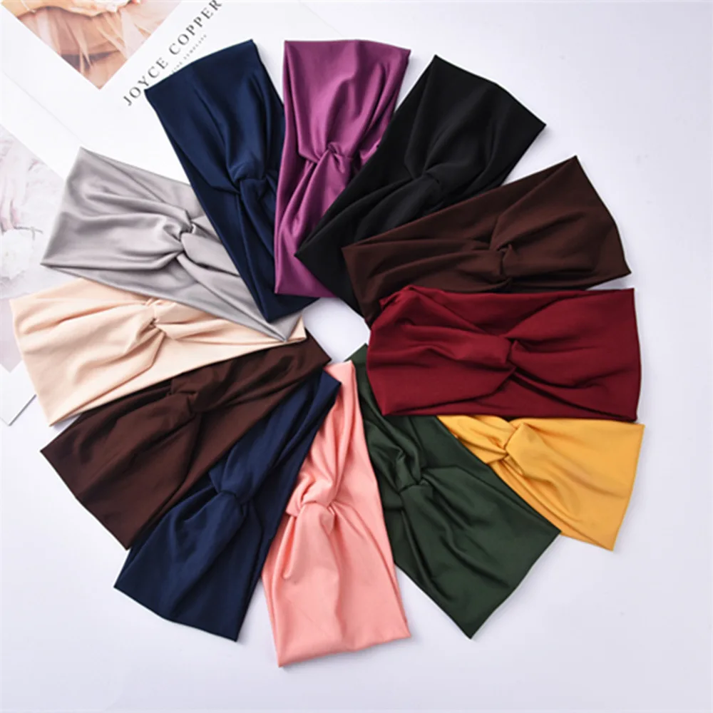 

Candy Plain Color Yoga Sports Hairbands Turbans Elastic Wide Cross Twisted Knotted Headwrap Headbands