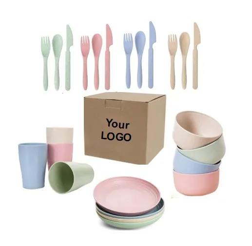 

Hot Sale Eco-friendly Biodegradable 24pcs Plastic Plates Bowls Cups Spoons Forks Knives Dinner Set Wheat Straw Dinnerware Sets