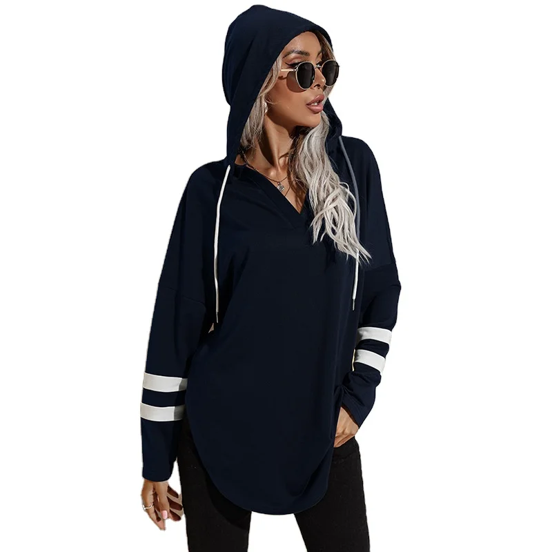 

2022 Spring And Autumn New Casual Pure Color V-Neck Pullover Hoodie Mid-Length Women Top, 3 colors