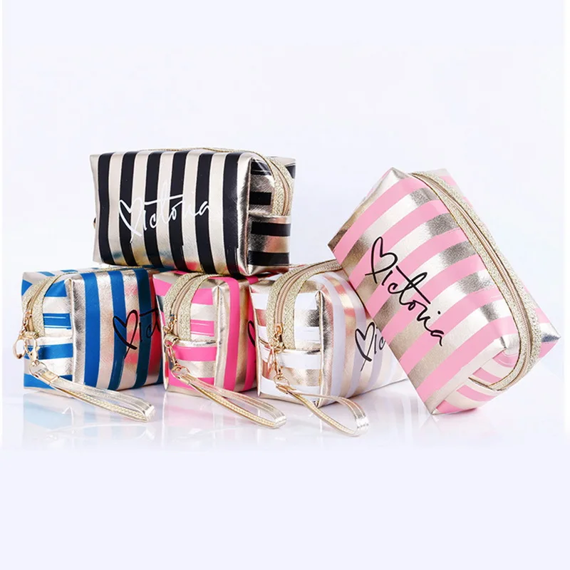 

2021 Waterproof Letter Striped Printed Cosmetic Bags Makeup Bag Travel Zip Lock High capacity Packaging Bag for Women, Picture color