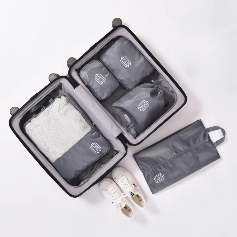 

5pcs/Set Foldable Multifunctional Travel Clothes Organizer Travel Packing Cube Set With Shoe Bag, Blue ,black, wine, or gray