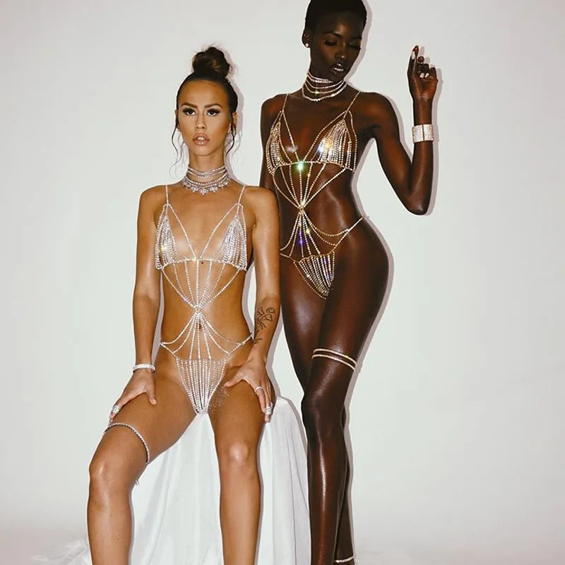 

Women Onesie Bra Crystal Thong Panties Body Chain Rhinestone Chest Hip Cup ChainJewelry Sexy Lingeries, Gold ,white