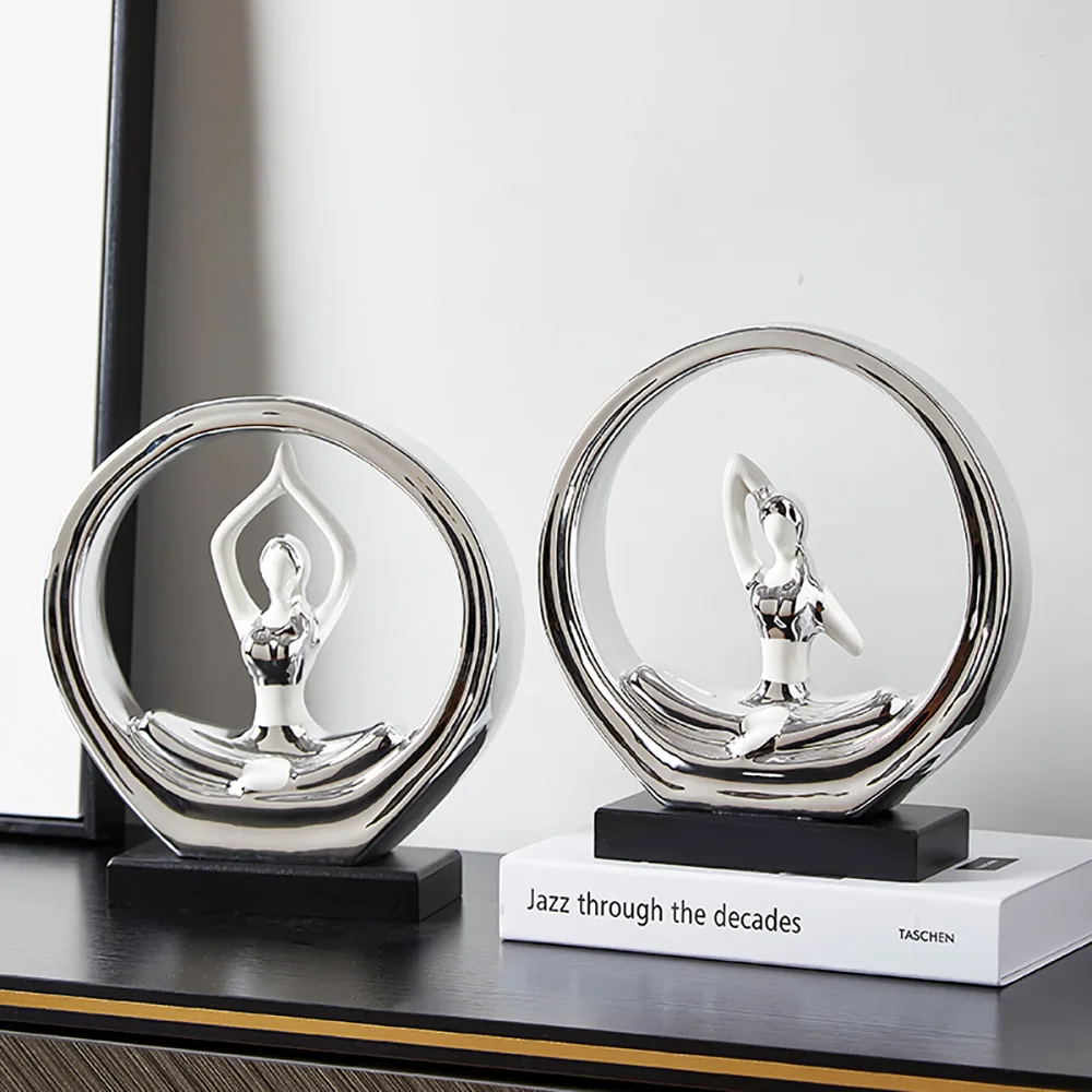 

Ceramic home sculpture decoration electroplated silver yoga girl ornaments
