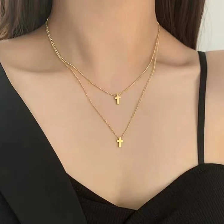 

Joyas de acero inoxidable collares para mujer 18K Gold Plated Layered Necklace Stainless Steel Cross Necklace