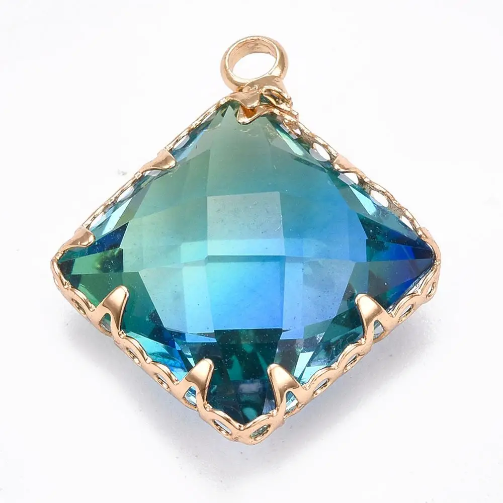 

Pandahall Imitate Tourmaline Golden Brass Findings Faceted Rhombus Colorful K9 Glass Pendants, Blue