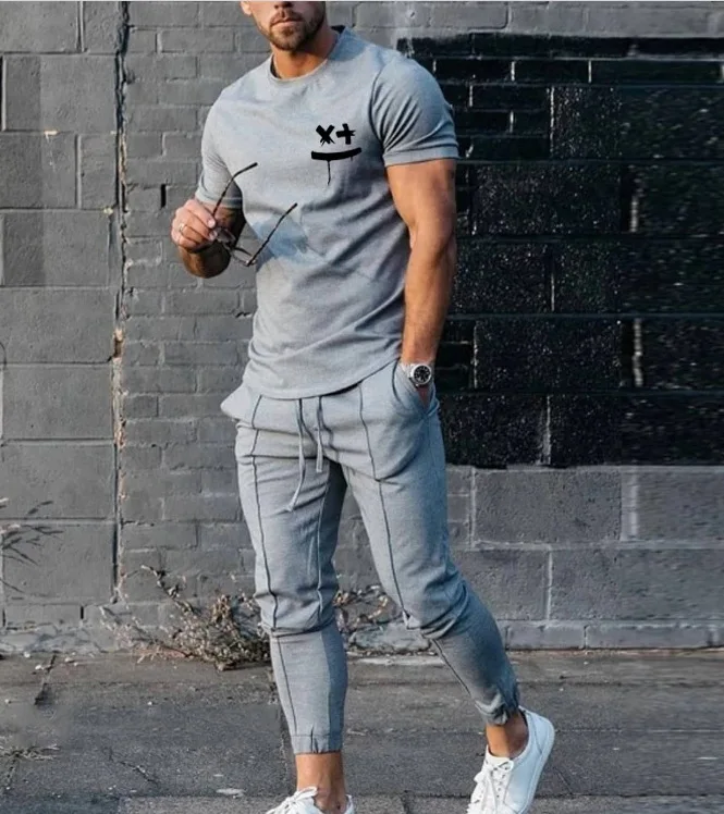 

2021 Wholesale Custom Men Summer Two Piece Short Sleeve Tracksuits Sets T Shirt And Long Pants Blank Sports Men Jogger Sets