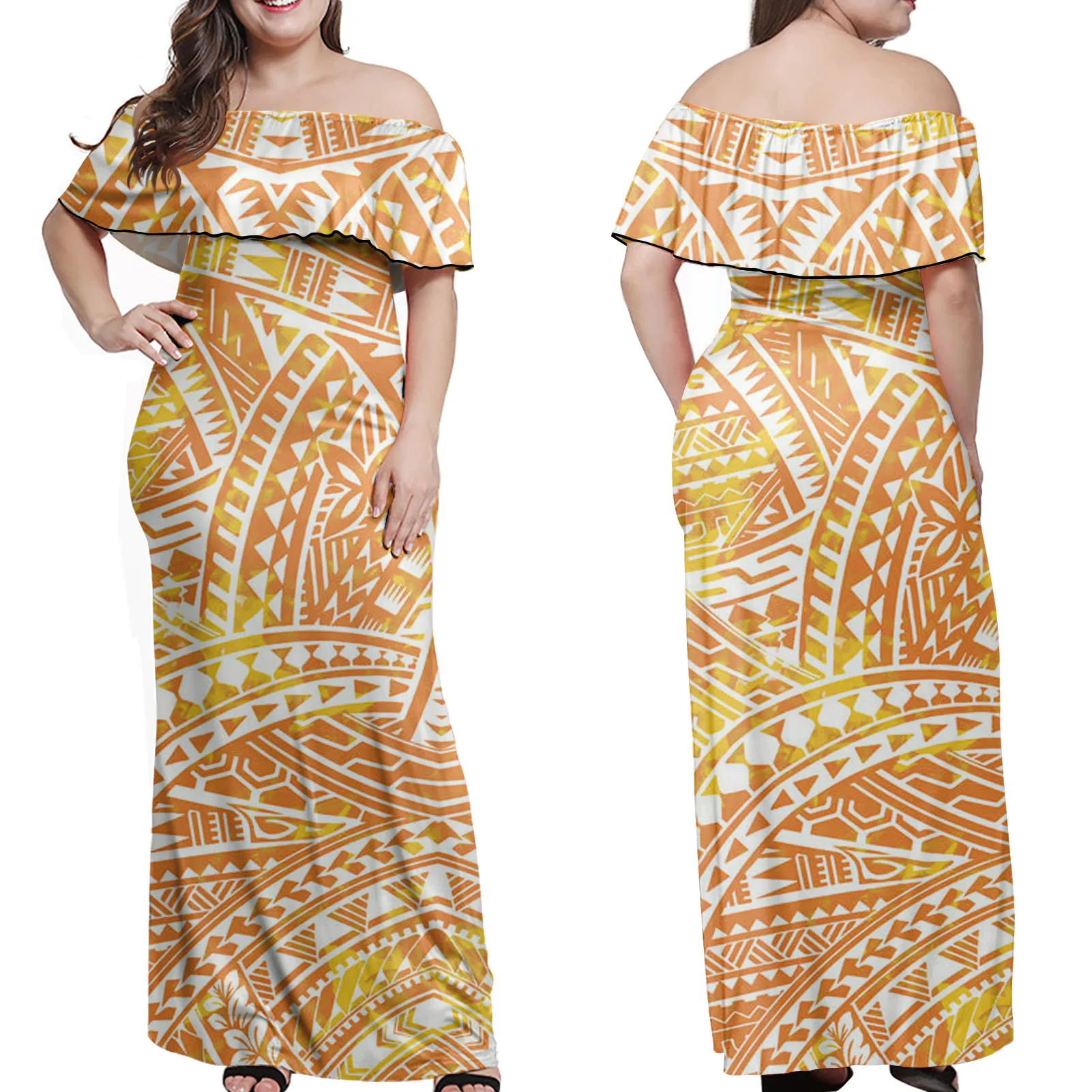 

Yellow atmospheric off-shoulder dress Polynesian tribe unique stripes customizable ladies short sleeve dress retro style, Customized color