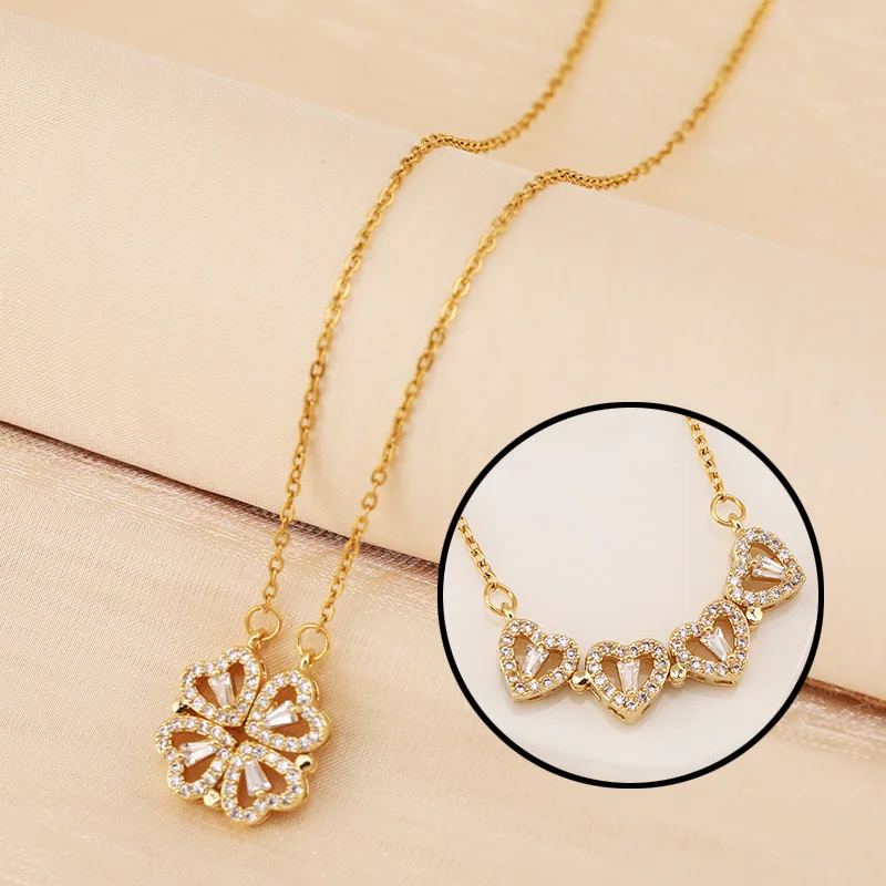 

Hot Sale Factory Supply Stainless Steel Open And Close Creative Love Folding Clavicle Chain Four Leaf Clover Necklace Jewelry, Gold/silver