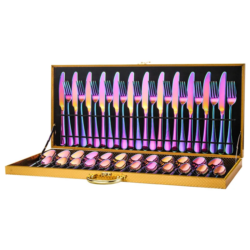 

48PCS creative stainless steel western cutlery sets luxury cutlery set golden wooden box