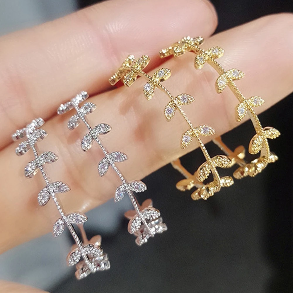 

S925 Silver Needle Earrings Female Leaf Earrings Gold-plated Zircon Earrings