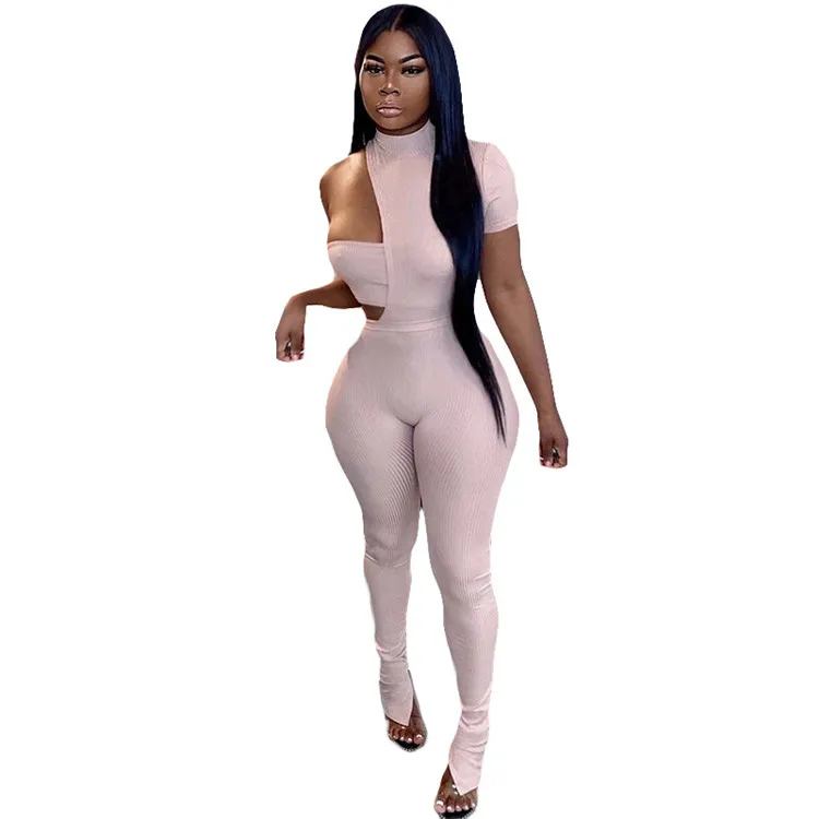 

D96543 woman clothes 2021 trending Solid color short sleeve waist bare irregular chest wrap jumpsuits 2 clothing piece