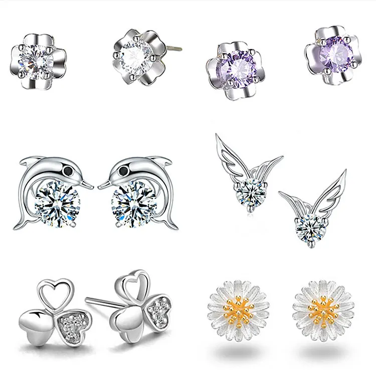 

SC Wholesale Multi-type Korean Earrings Stud 925 Silver Post Purple Crystal Zircon Dolphin Flower Clover Heart Stud Earrings