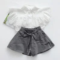 

Summer Children's Point Print Kids White T-Shirt Shorts 2 Piece Costume Bow Set