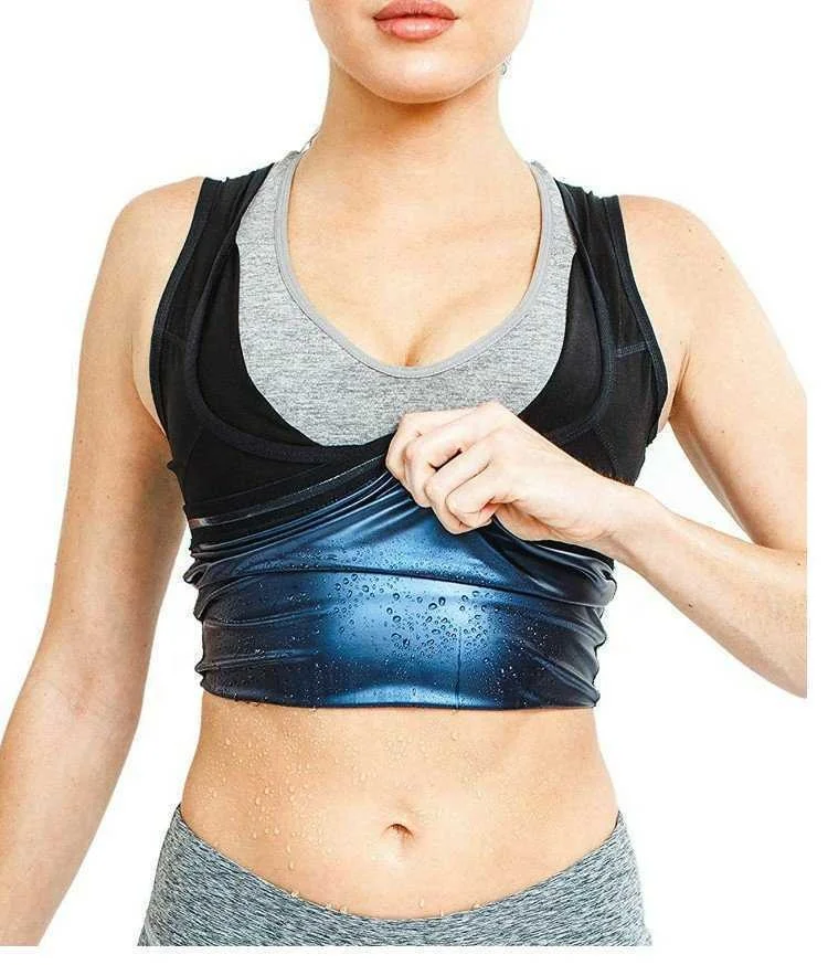 

Women and Men Sweat Suit Slimming Shirt Loss Weight Body Shaper Polymer Waist Trainer Sweat Sauna Vest, Black