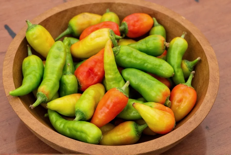 Harvested Julius peppers showing green to red color progression in a wooden bowl