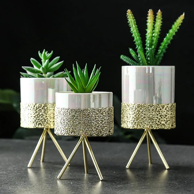 

Ins Gold-plated Iron Art Succulent Flower Pot Simple Nordic Iron Frame Ceramic Meat Pot Hydroponic Flower Pot Green Plant