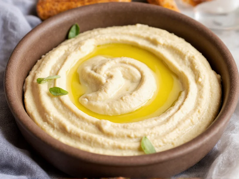 Creamy no-tahini hummus in bowl with olive oil drizzle