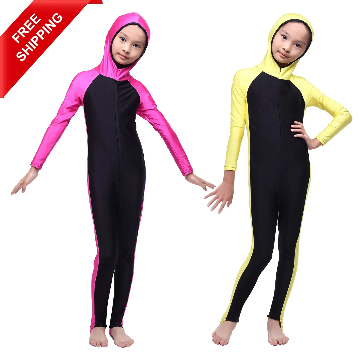 

FREE SHIPPING Kids Girls Conservative Solid Color Stitching One-Piece Islamic Muslim Swimsuit Swimwear For Children, Gold/rose red