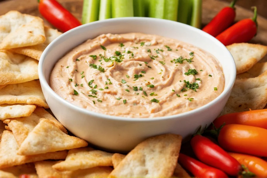 Creamy red pepper feta dip in white bowl surrounded by pita chips and fresh vegetables for dipping