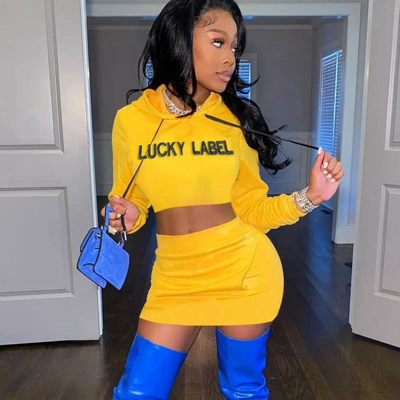 

Fashion embroidered Lucky Label Crop hoodie skirt set Tops Women's 2020 Fall Clothes Two Piece Sets Sweatsuit