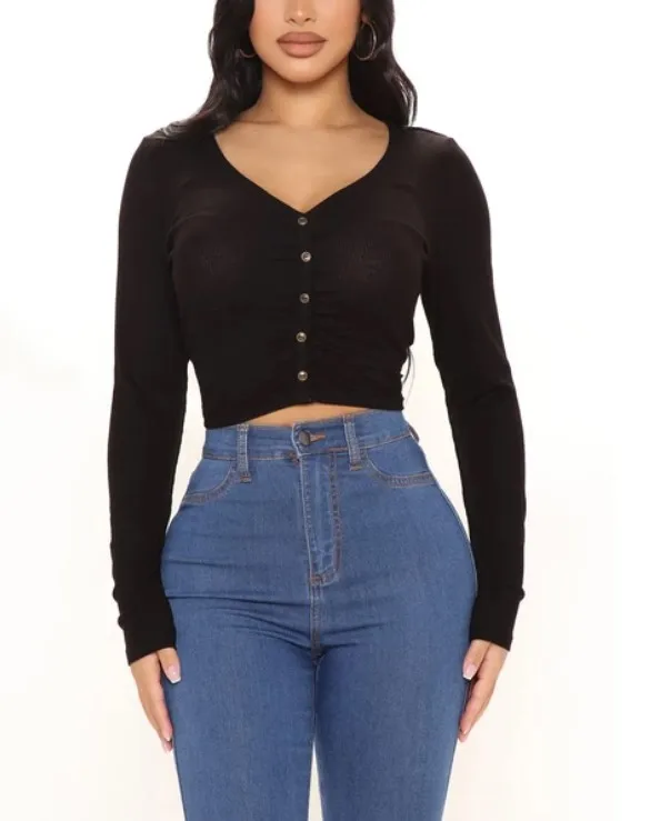 

Wholesale Polyester Women Casual OEM Customs V- Neck Button Long Sleeve Crop Top, Customized colors