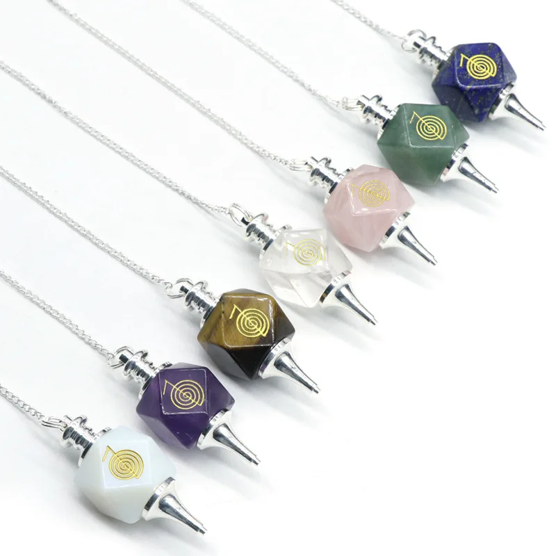 

New Chakras Healing Energy Quartz Gemstone Cubic Cutting Symbol Design Necklace Pendant Pendulum Reiki