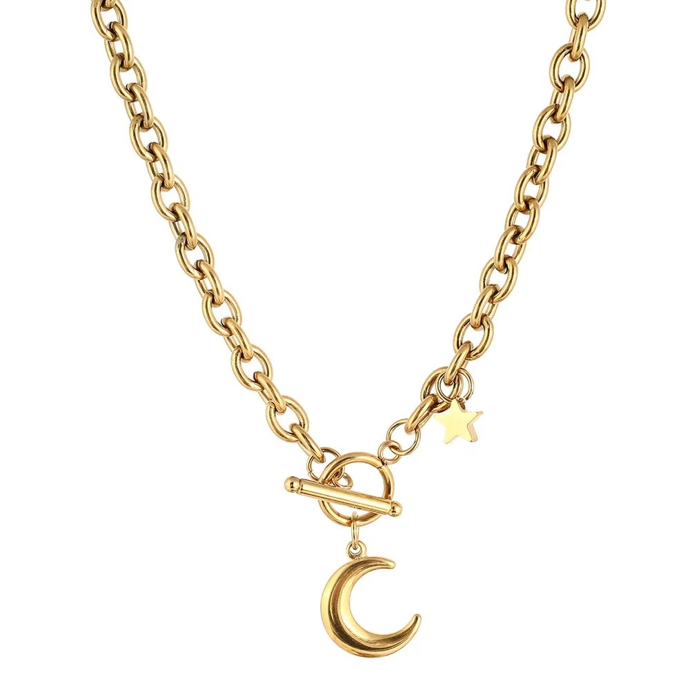 

Boho Moon Pendant Star Charm Toggle Clasp Necklace Women Stainless Steel Gold Plated Gift Jewelry, Silver&gold