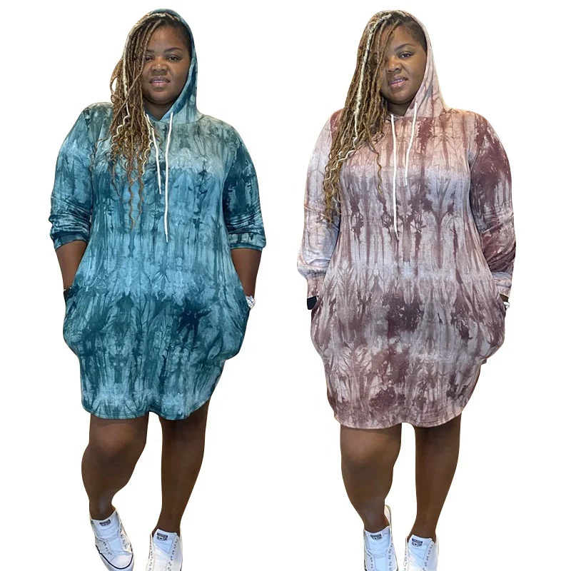 

Cross-border tie-dye printing casual fashion side pocket hooded plus size women's clothing, Customized color