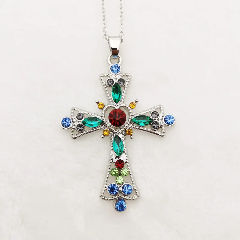 

Cross Mixed Different Size and Color Crystals Party Necklaces and Pendants For Women Silvertone Color Plating Gift for Friend